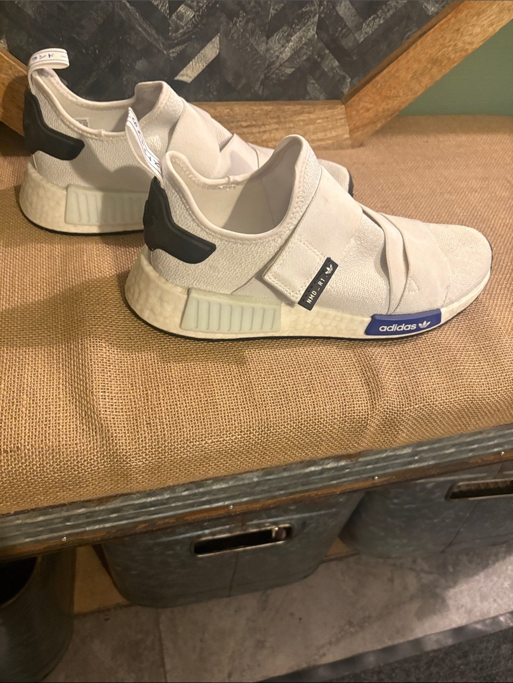 adidas Cream Slip-On Athletic Sneakers with Black Heel and Blue Logo